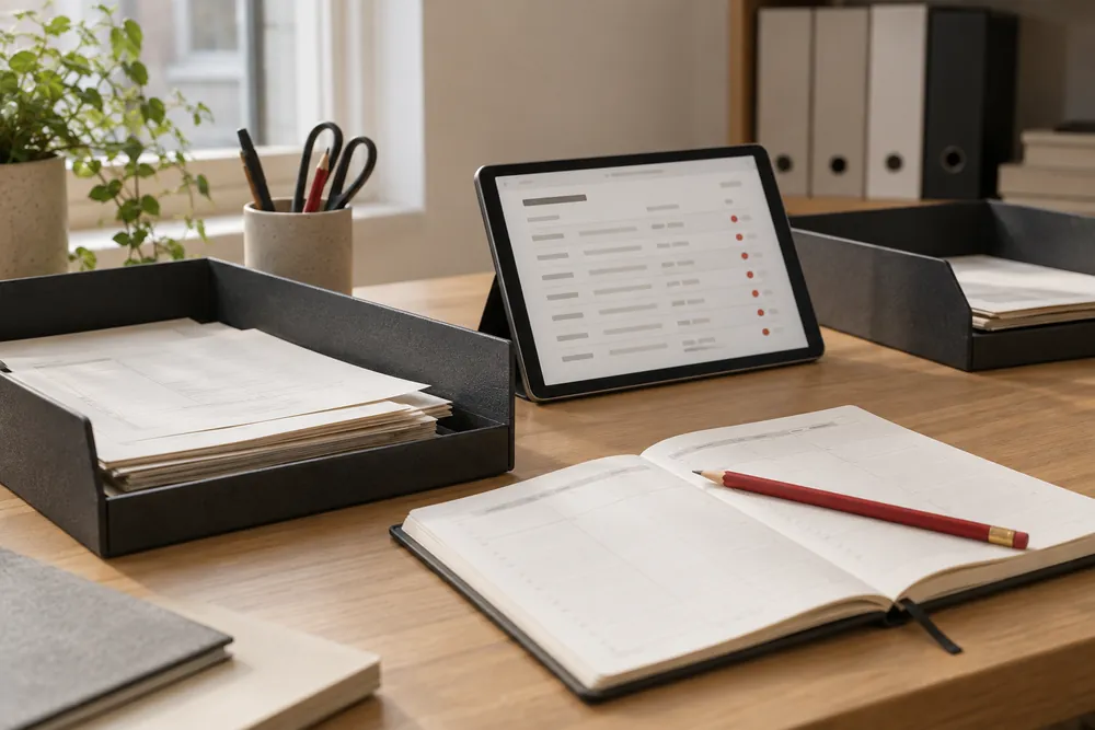 Geordnete Dokumentenablagen und ein Tablet auf einem Schreibtisch