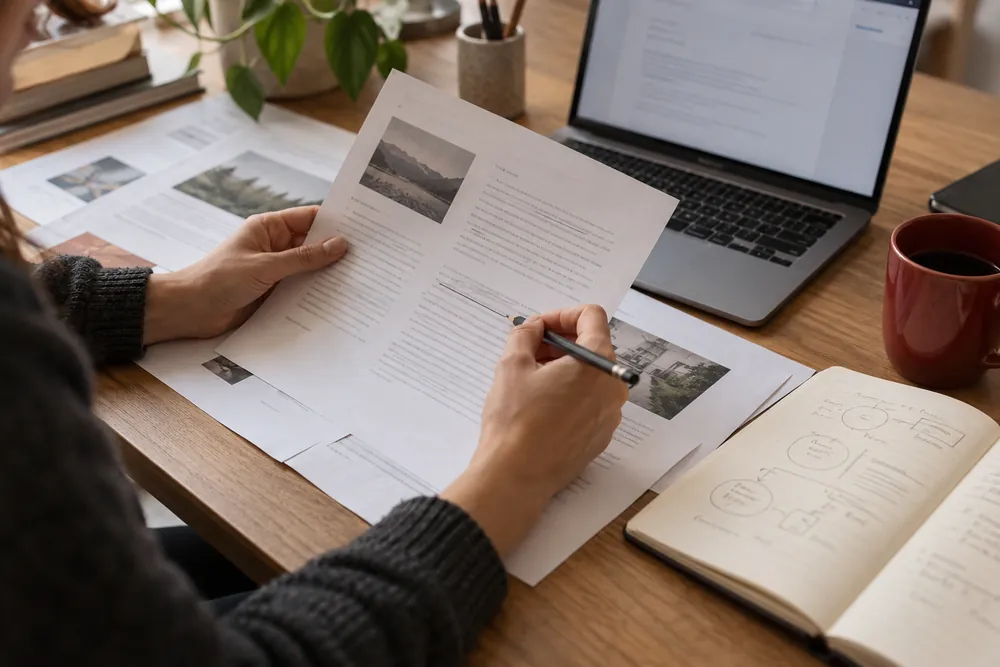 Dokumente am Laptop prüfen und mit einem Stift kommentieren