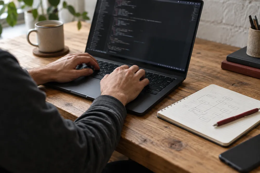 Hände an einer Laptoptastatur neben skizzierten Softwaremodulen