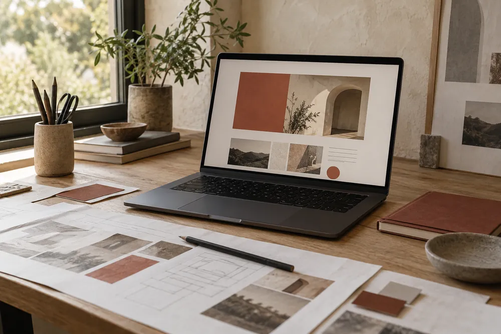 Laptop und Layoutskizzen auf einem Schreibtisch im Tageslicht