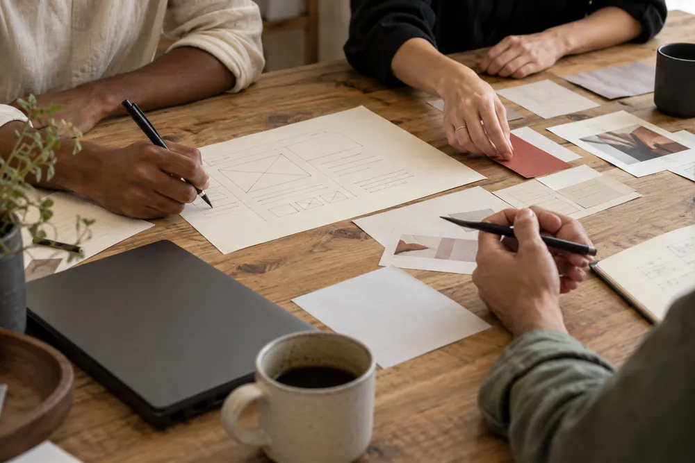 Hände beim gemeinsamen Planen mit Papier, Stiften und Notizen